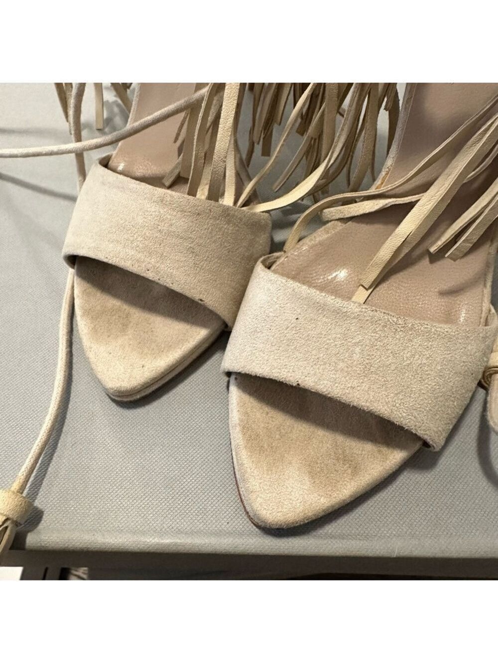 Zara Faux Suede Fringe Tassel Tie High Heel Sandals in Bone/Cream - Picture 15 of 15
